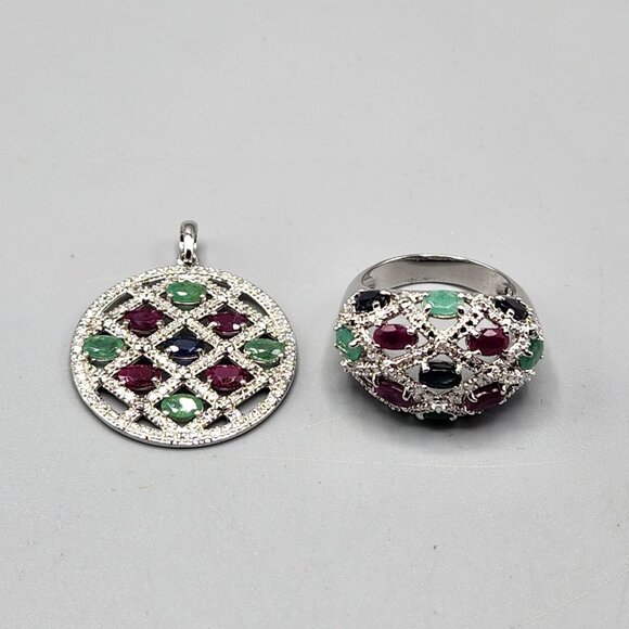 Sterling Silver Lattice Ring & Pendant Set Pink Green Stone Accents B925 Size 9 - Picture 1 of 11